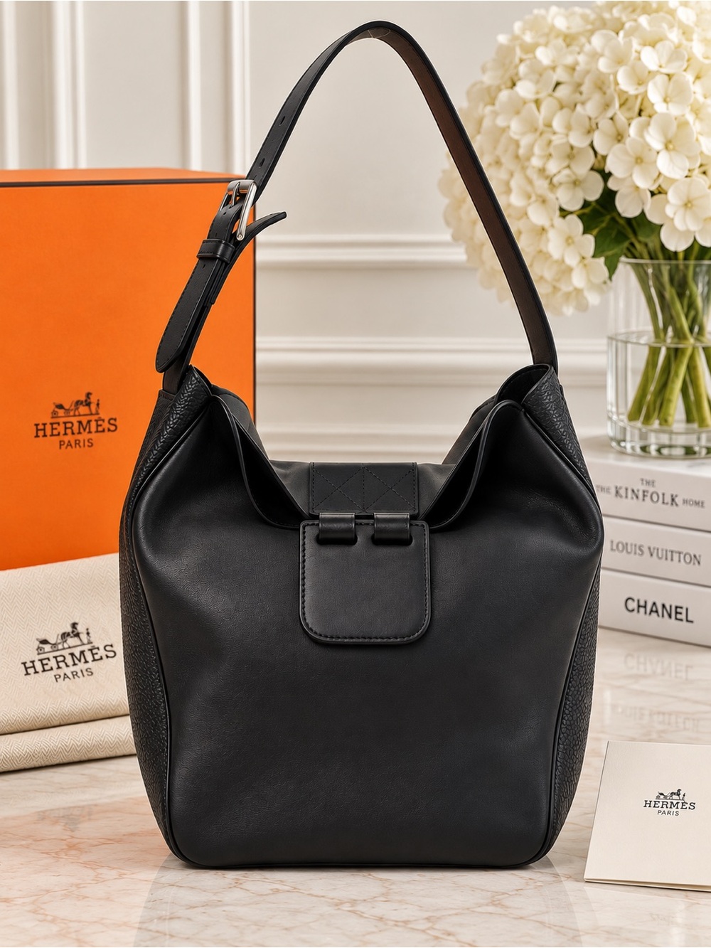 HERMÈS Virevolte 24 Black Swift Clemence Vache Hunter Leather Bag *Rare*